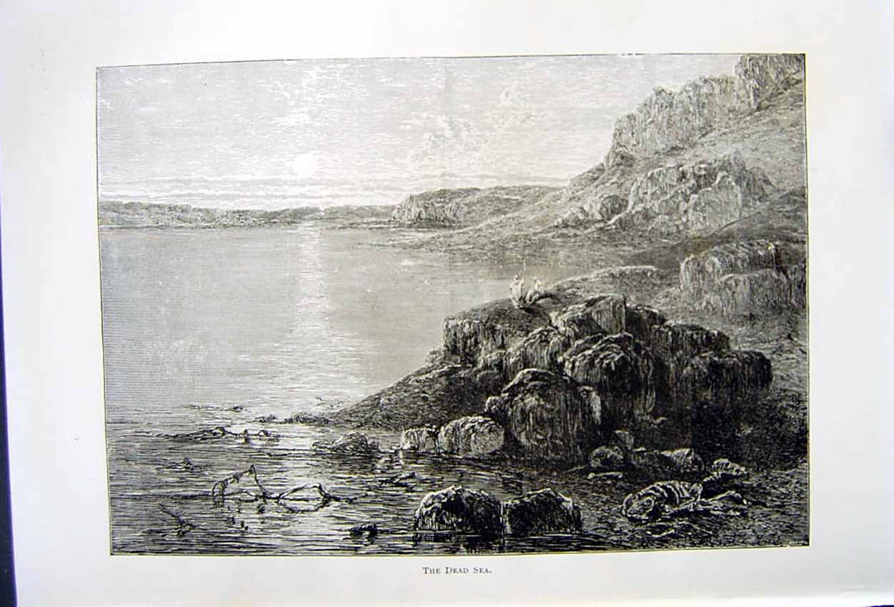 Original Old Antique Print *2815 C1890 Palestine View Dead Sea Cliffs Rocks