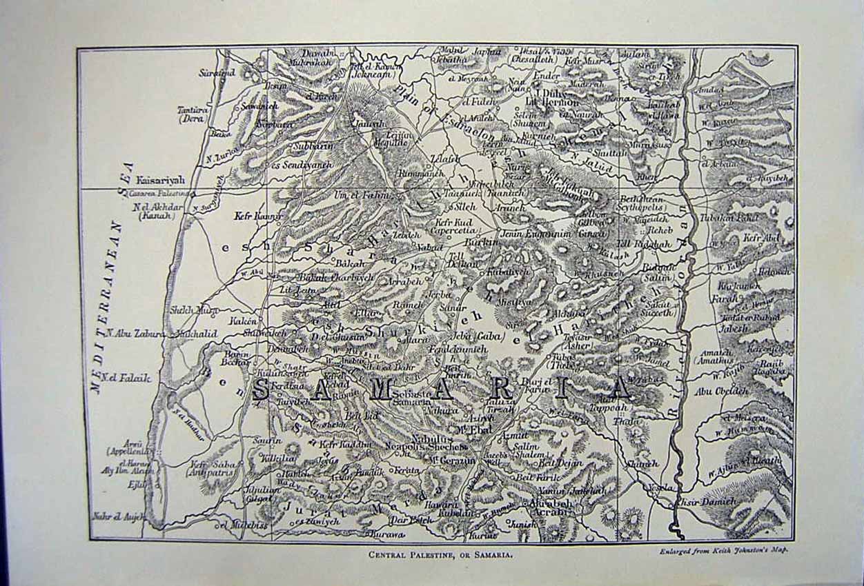 Antique Old Print *2824 C1890 Map Central Palestine Samaria Mediterranean Sea