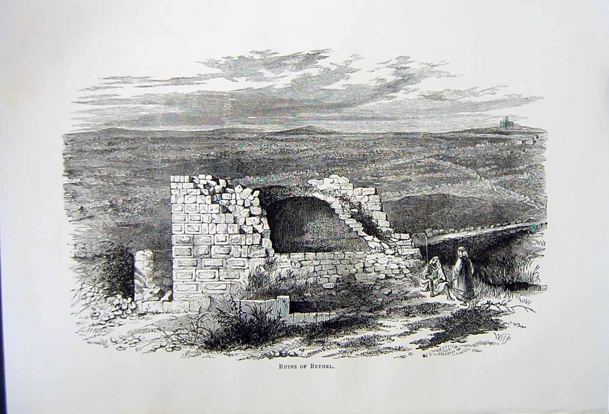 Original Old Antique Print *2825 C1890 Palestine View Ruins Bethel House People