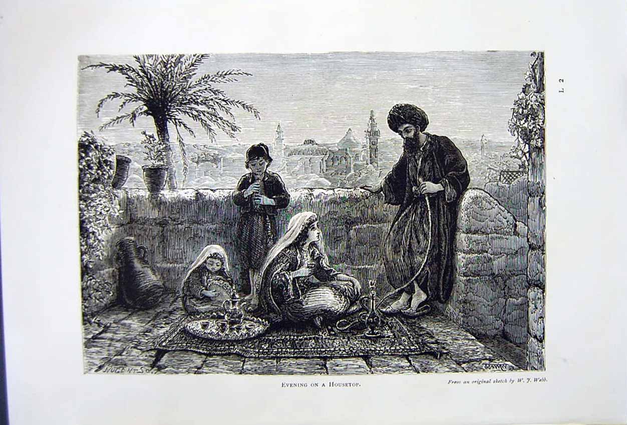 Old Antique Print *2826 C1890 Palestine Scene Evening Housetop Family Rug