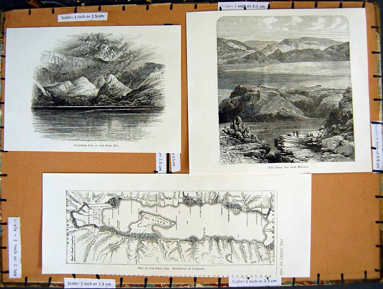 Old Antique Print *2845 C1890 Palestine Dead Sea Masada Soundings Fathoms