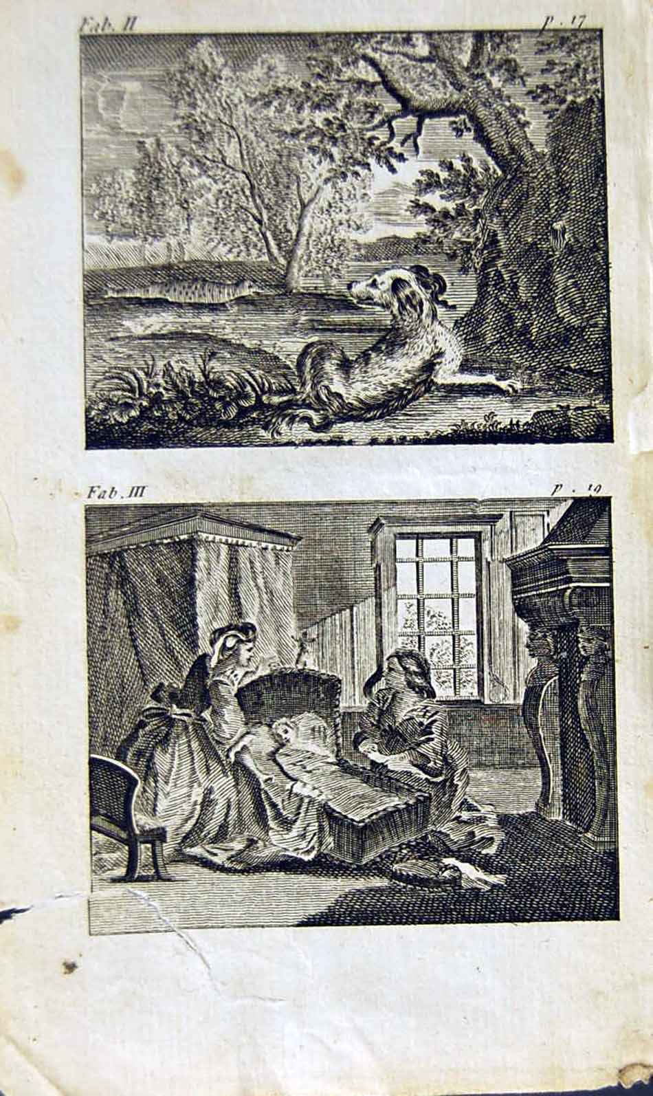 Antique Print *2864 1805 Mary Ann Adams Fables Spaniel Dog Baby Crib House