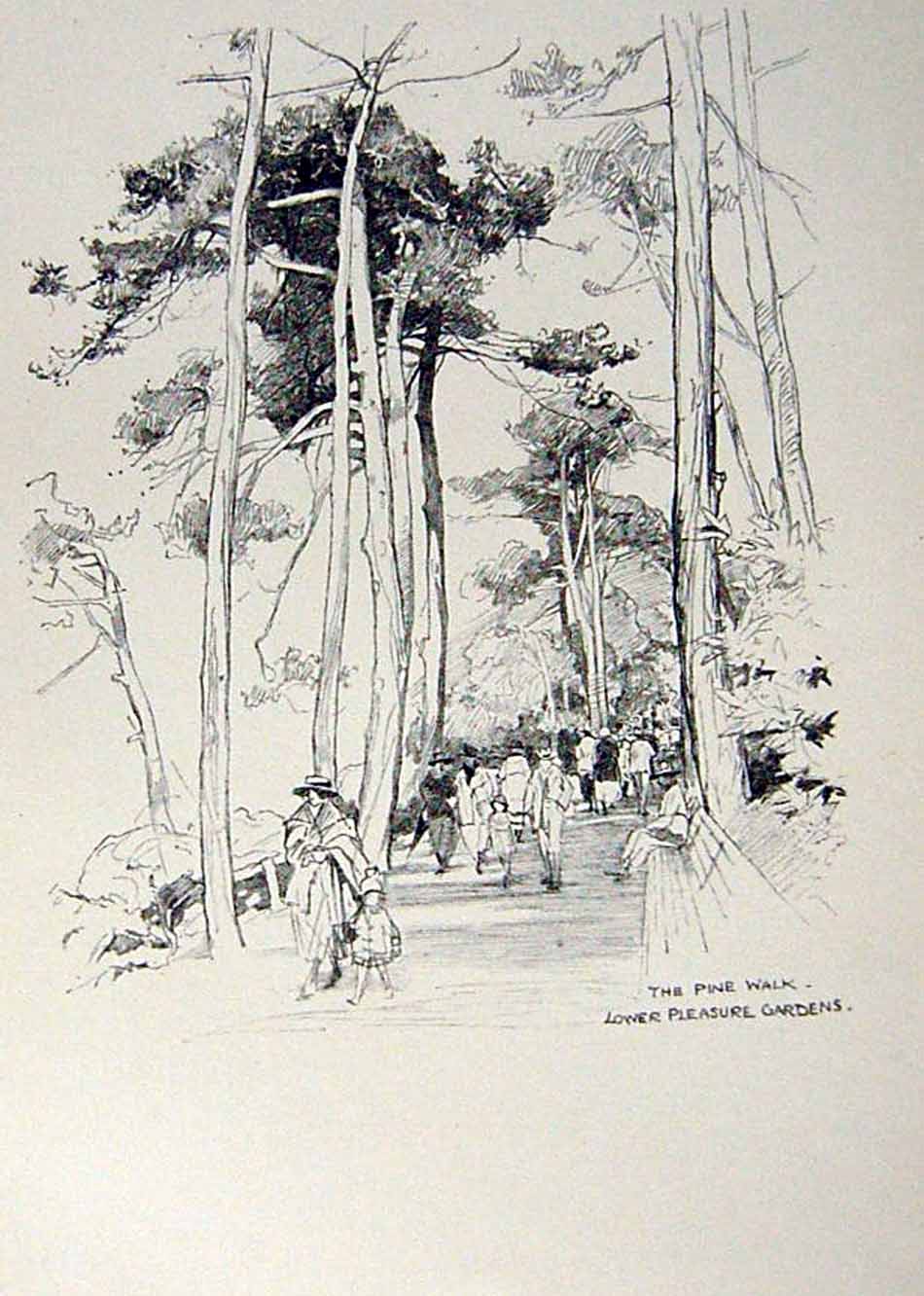 Antique Old Print *2910 C1920 Bournemouth Pine Walk Pleasure Gardens Woollard
