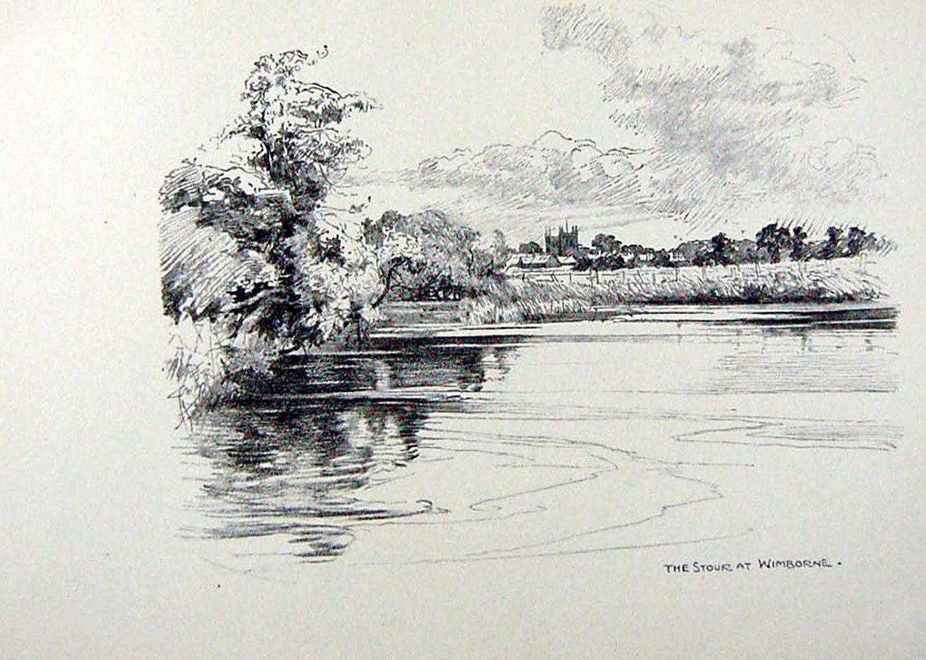Old Vintage Print *2923 C1920 Bournemouth Stour Wimborne Woollard Sketch