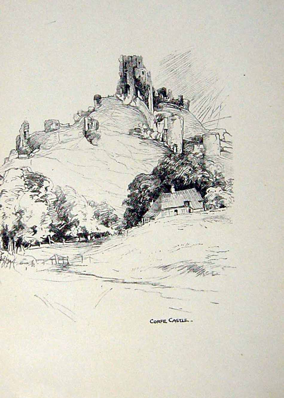 Original Old Vintage Print *2925 C1920 Bournemouth Corfe Castle Sketch Woollard