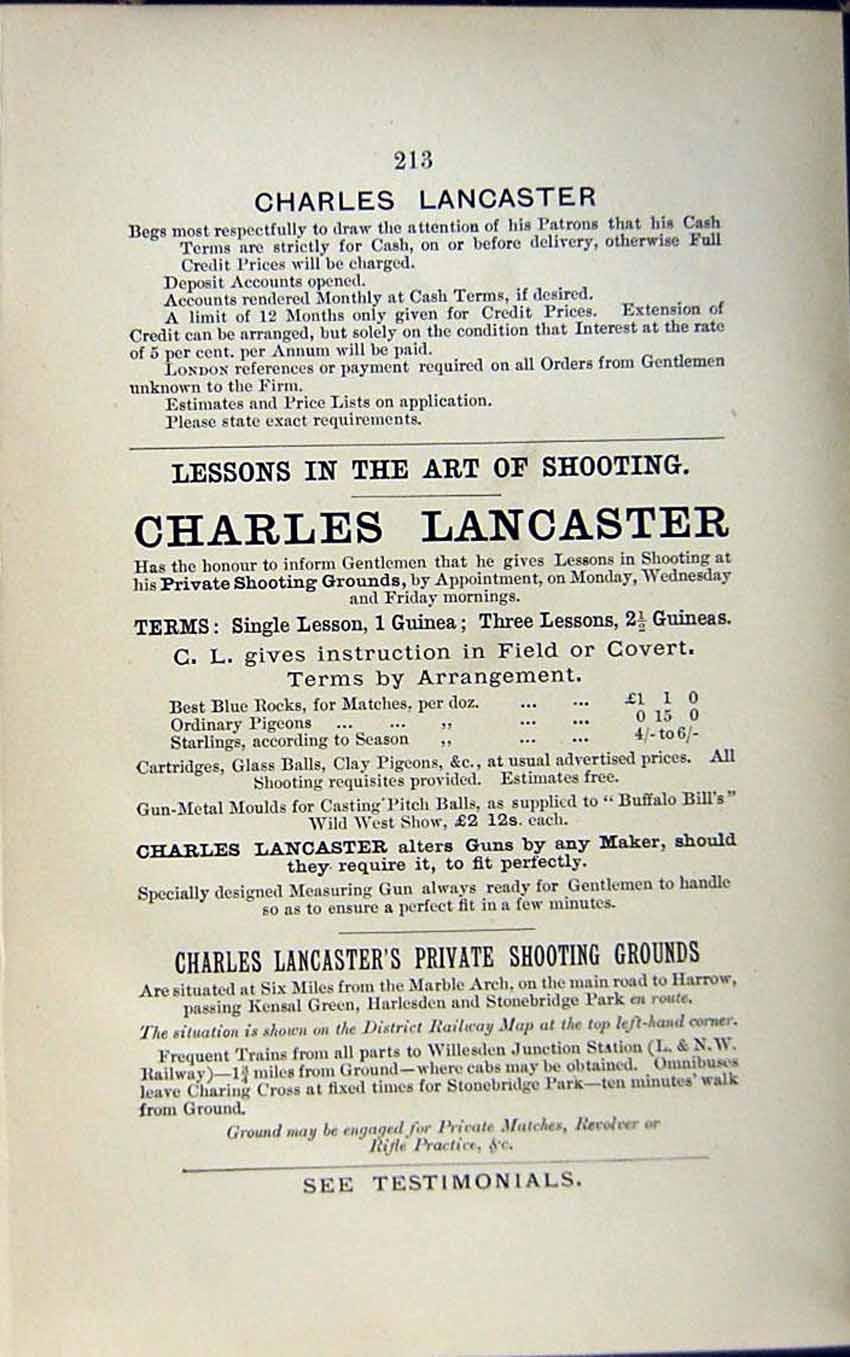 Antique Print *2937 1889 Art Shooting Charles Lancaster Advertisment Guns
