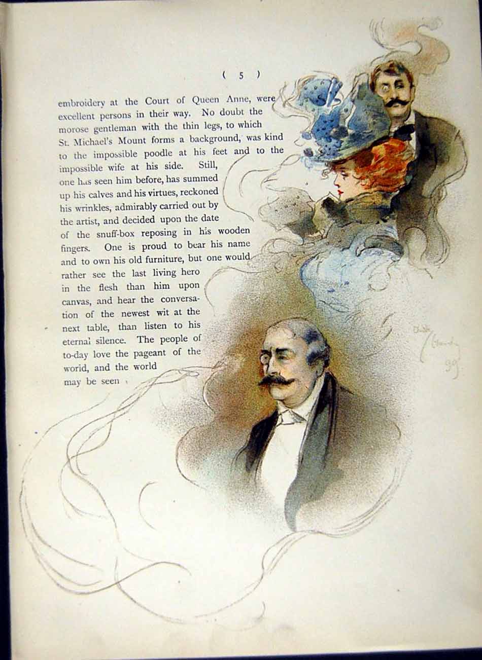 Original Old Antique Print *2968 1900 Colour Men Lady Woman Homes Passing Show