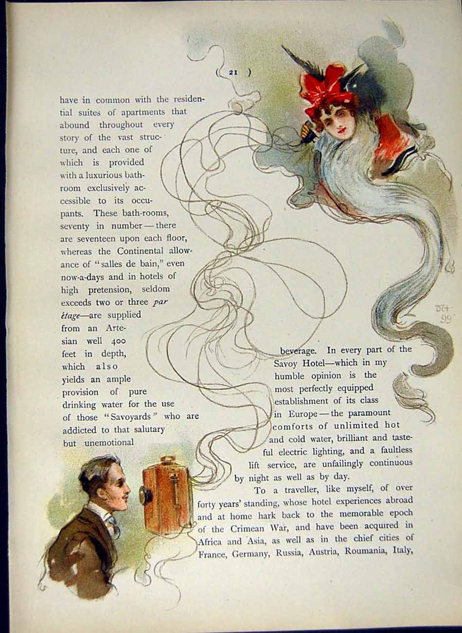 Original Old Antique Print *2969 1900 Colour Man Lady Telephone Communication
