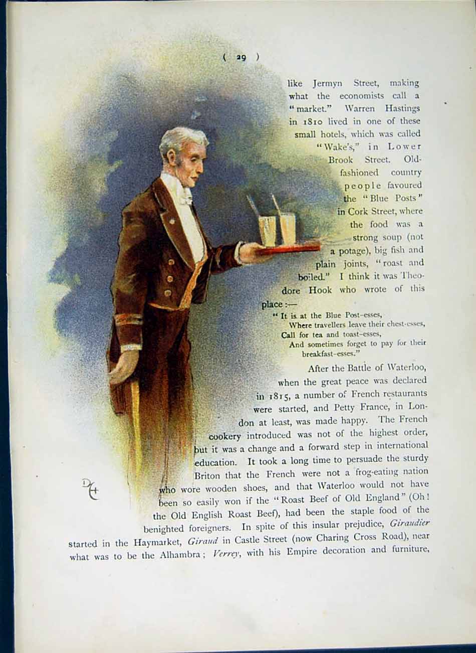 Original Old Antique Print *2970 1900 Colour Man Waitor Glasses Tray Servant