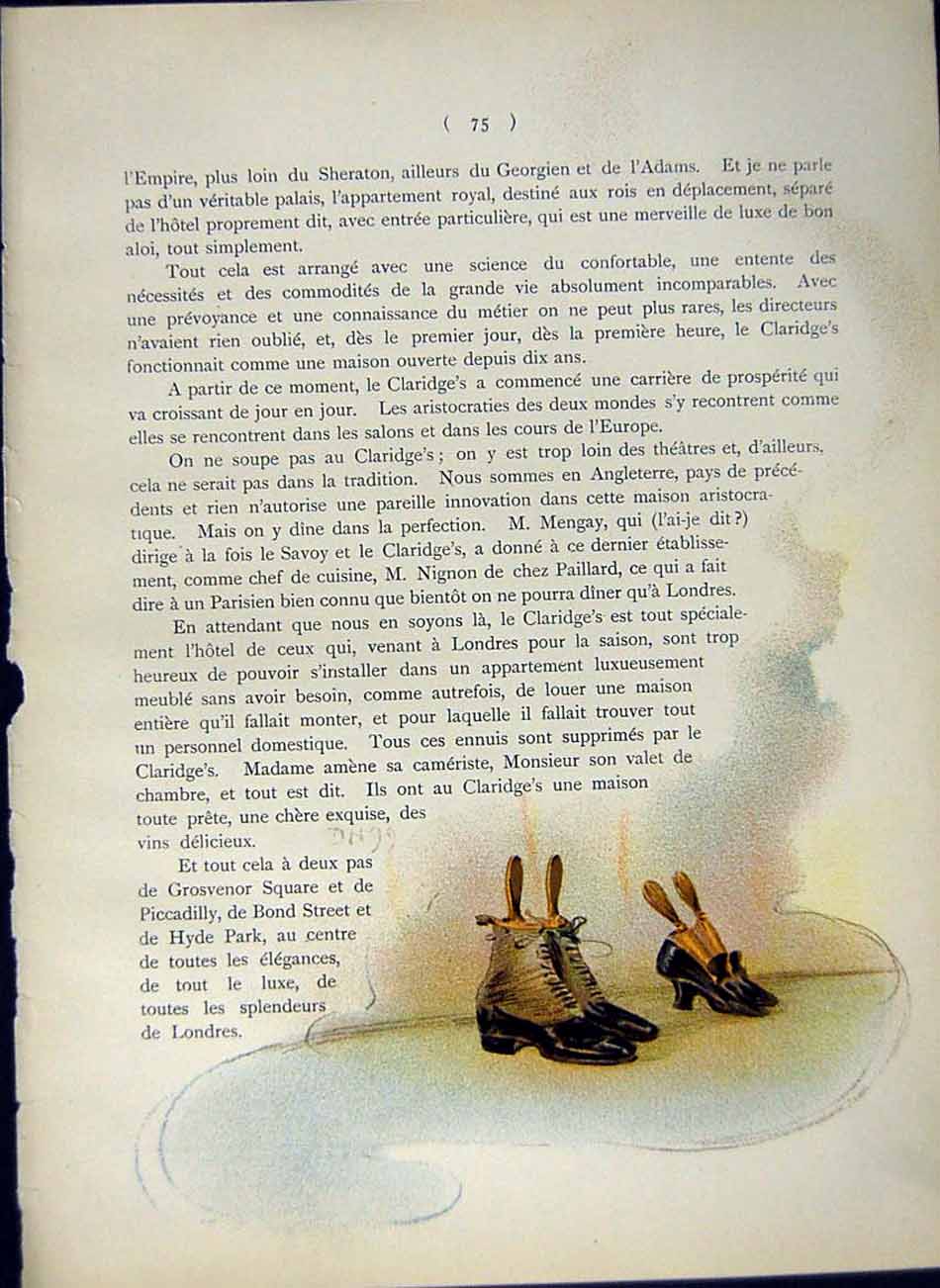 Original Old Antique Print *2973 1900 Colour Shoes Boots Homes Passing Show