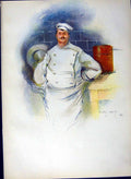Original Old Antique Print *2976 1900 Dudley Hardy Colour Chef Man Cook Kitchen