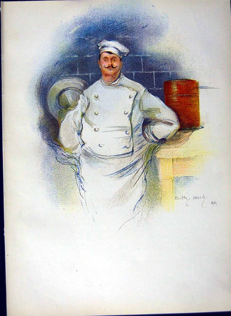 Original Old Antique Print *2976 1900 Dudley Hardy Colour Chef Man Cook Kitchen