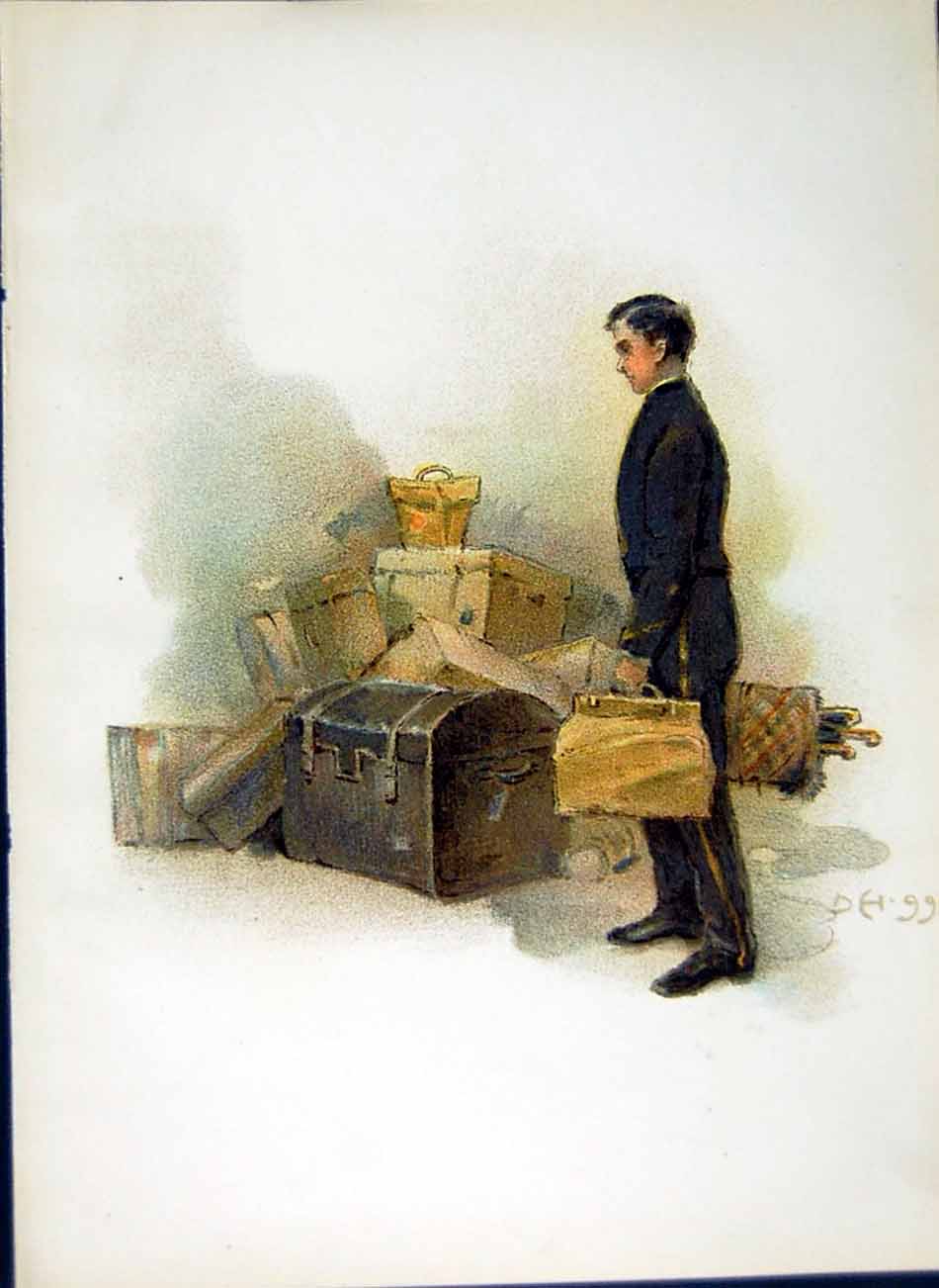 Original Old Antique Print *2979 1900 Colour Man Suitcases Home Passing Show