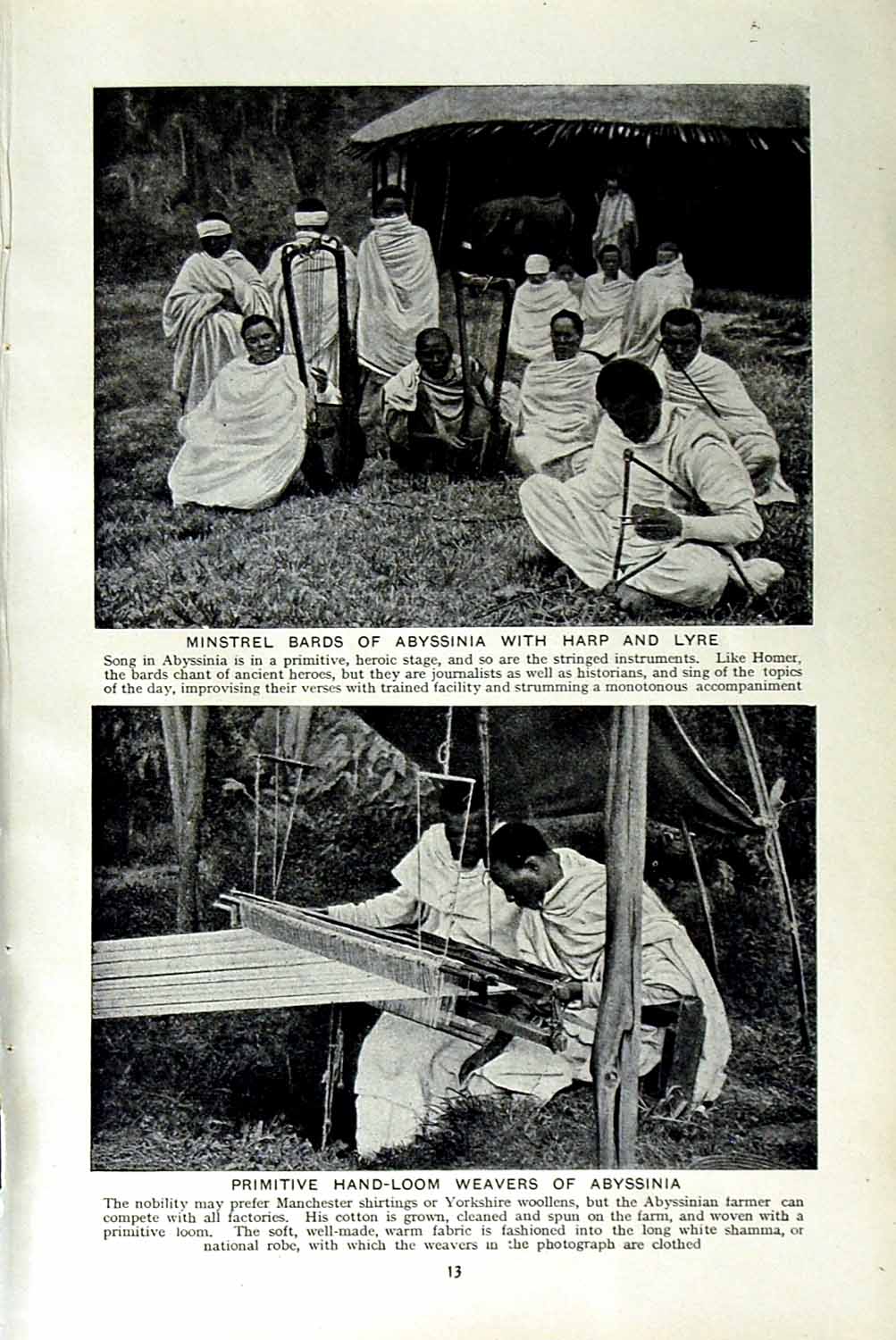 Original Old Vintage Print C1920 Weavers Abyssinia Bards Harp Lyre Fuzzy Woman