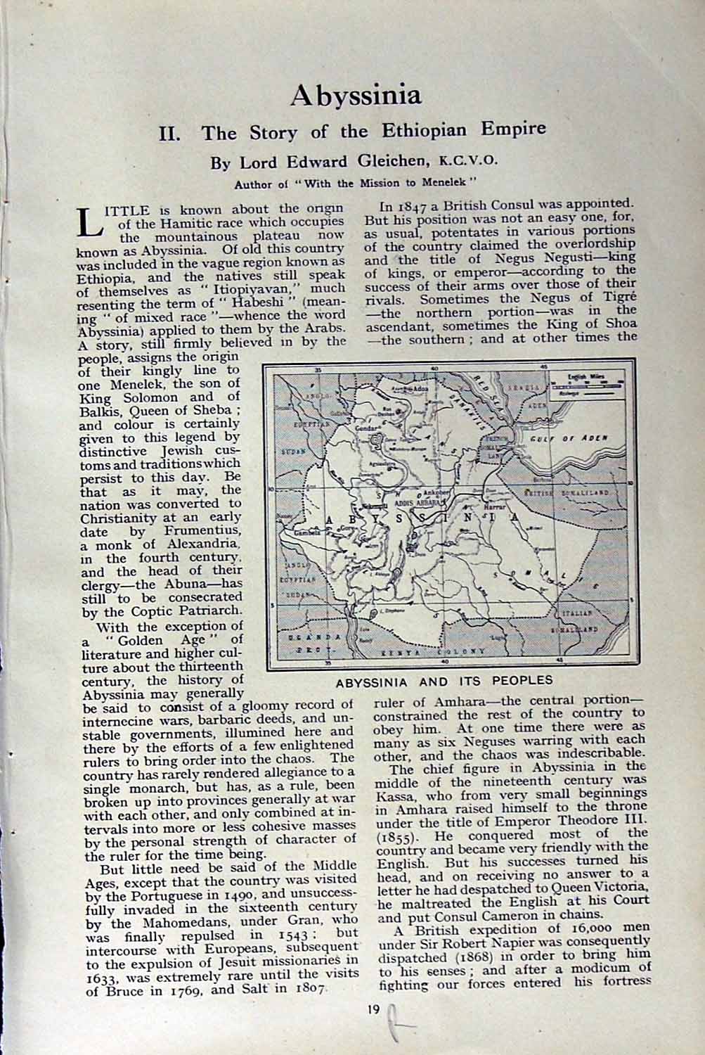 Original Old Vintage Print C1920 Abyssinia Map Chief People Rifles Spears Men