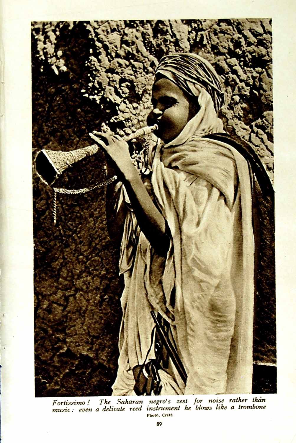Original Old Vintage Print C1920 Saharan Negro Trombone Mosque Biskra Allah