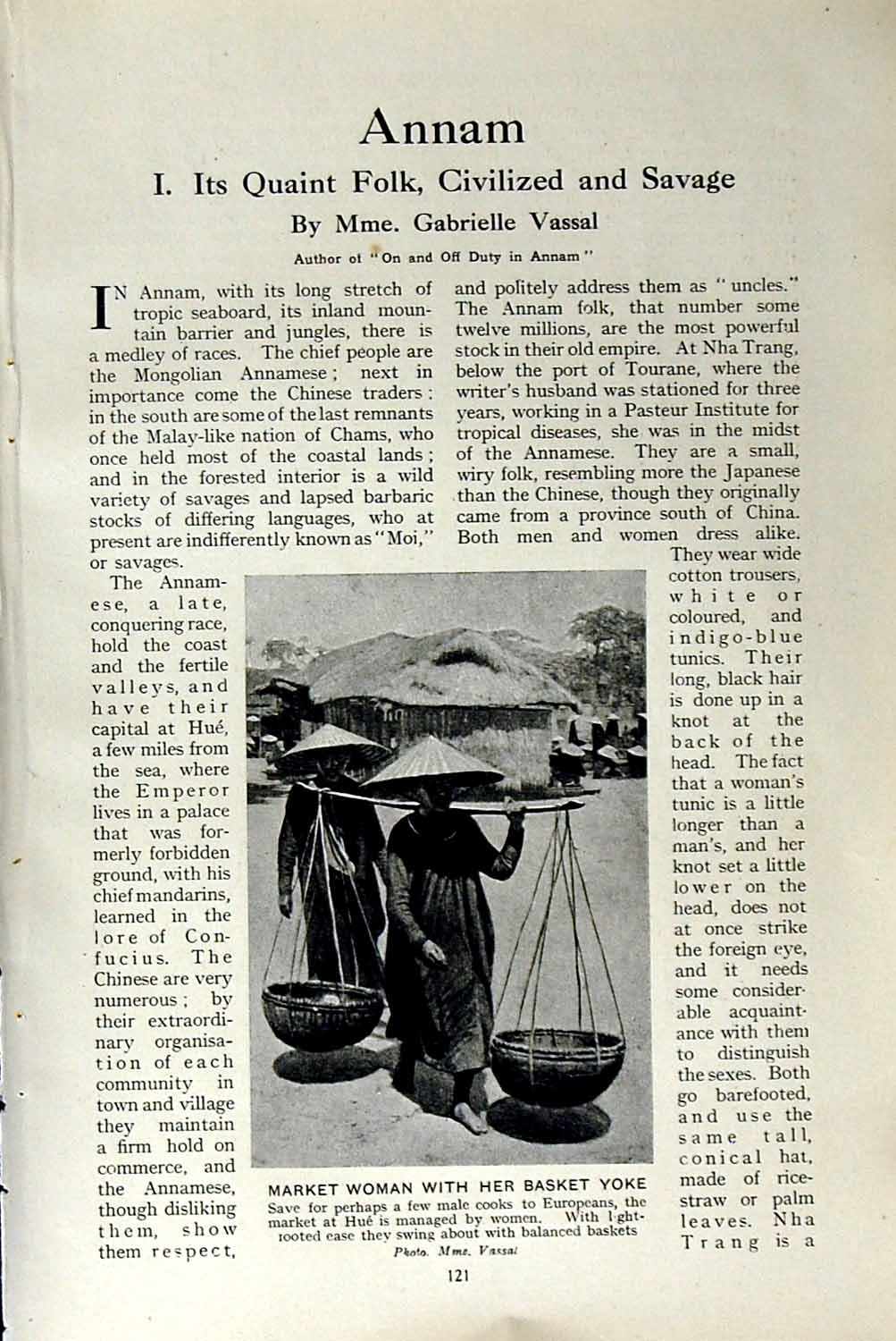 Original Old Vintage Print C1920 Annam Market Woman Basket Yoke Fishing River