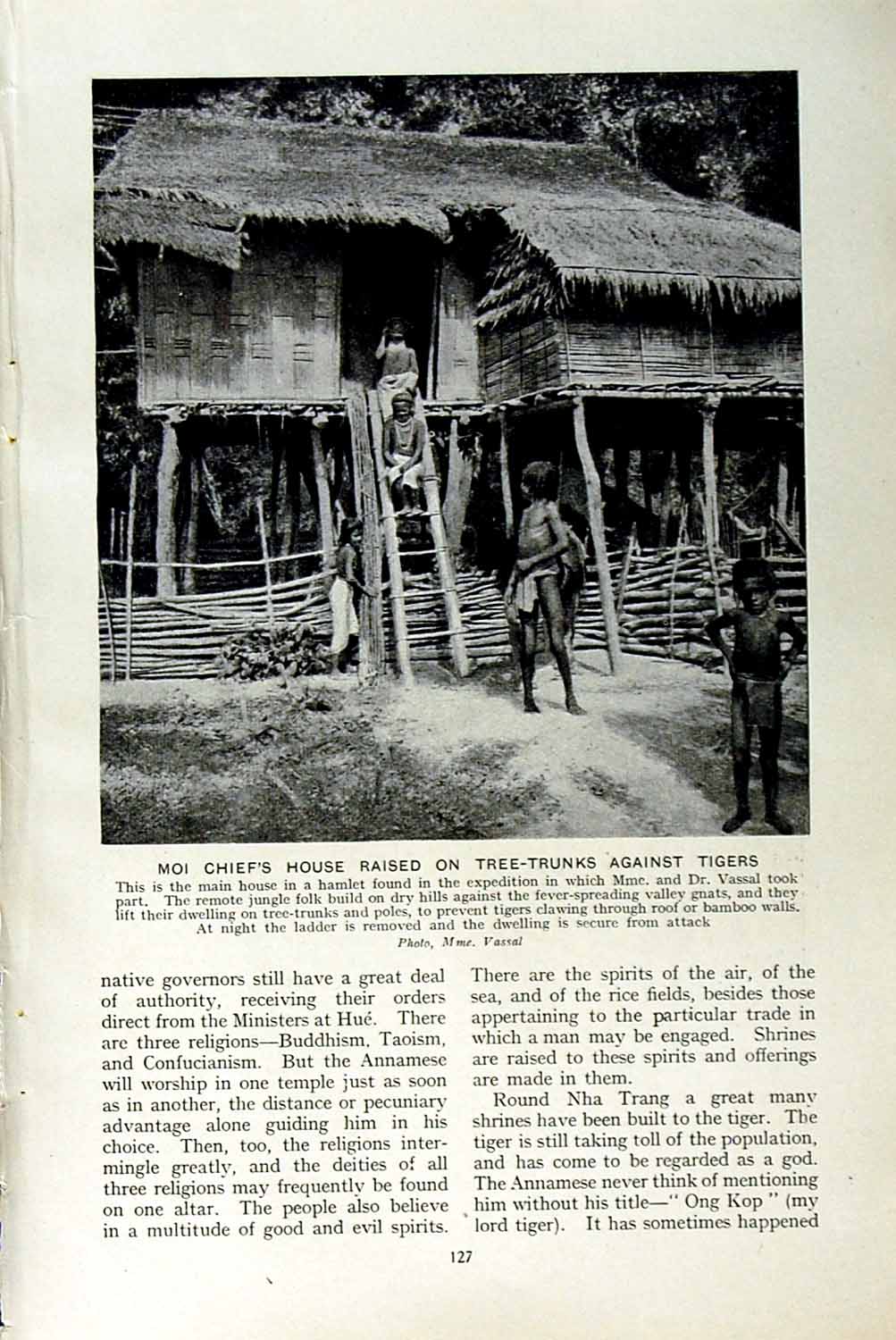 Original Old Vintage Print C1920 Moi Chief House Tigers Annam Malay Cham Woman