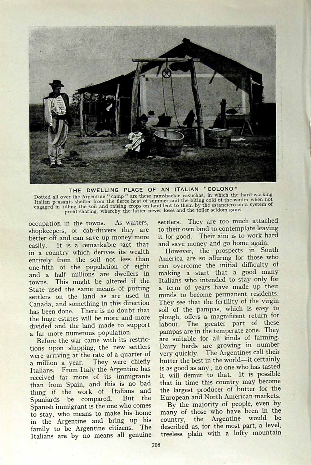 Old Vintage Print C1920 Dwelling Place Italian Colono Argentine Casuchas 20th