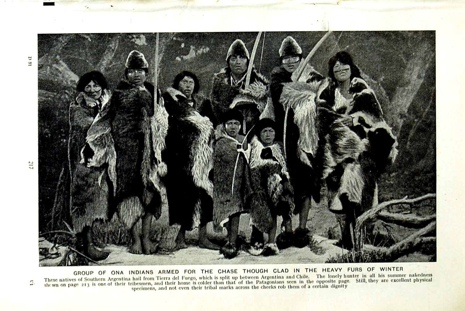 Original Old Vintage Print C1920 Ona Indians Heavy Furs Winter Argentina Fuego