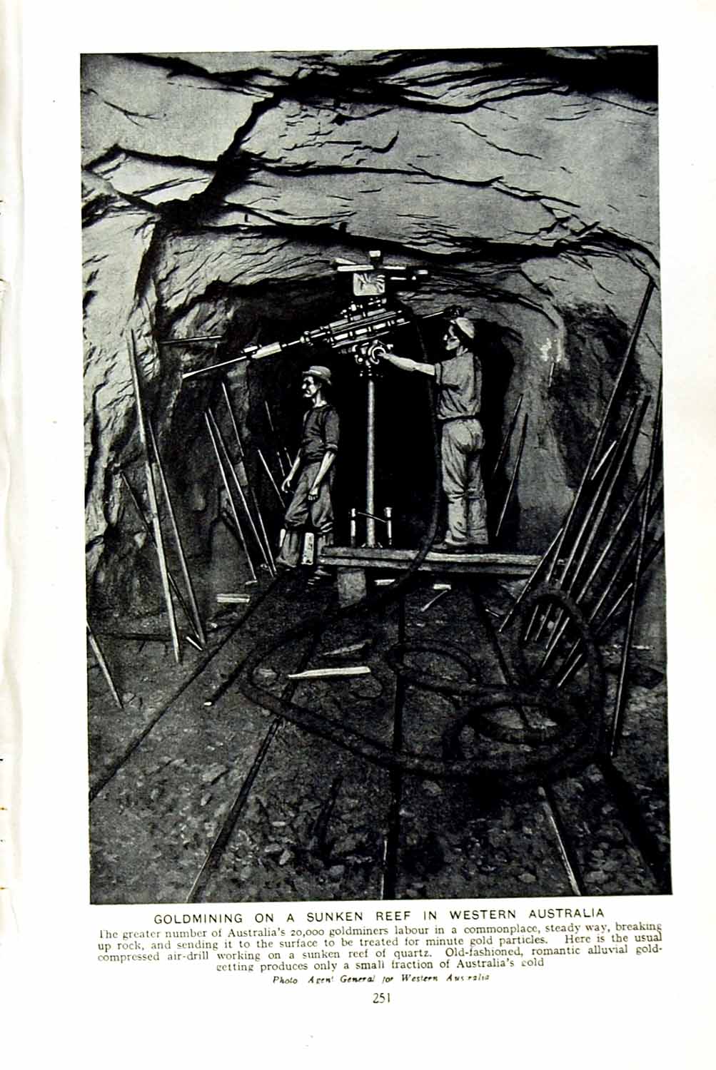 Original Old Vintage Print C1920 Gmining Sunken Reef Australia Reef Quartz 20th