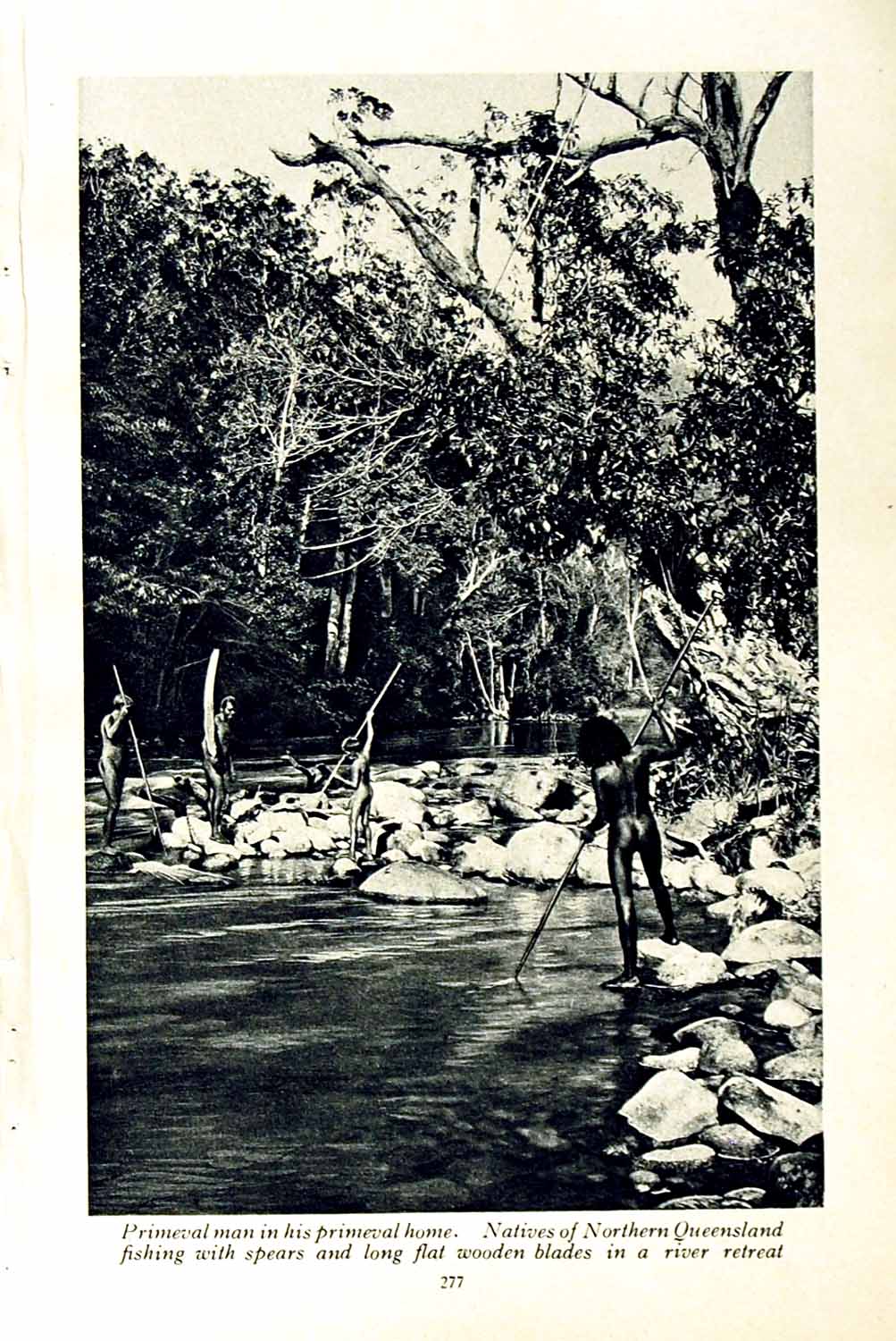 Old Vintage Print C1920 Primeval Australia Fishing Native Savage Spearmen 20th