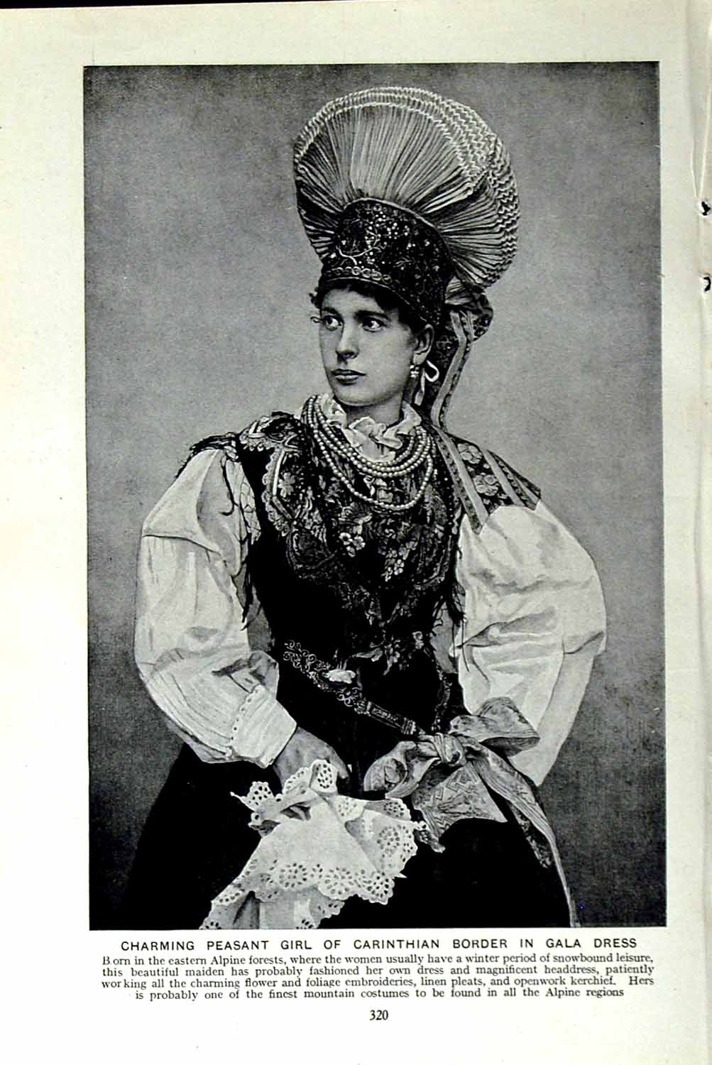 Old Vintage Print C1920 Peasant Girl Carinthian Border Gala Dress Alpine 20th