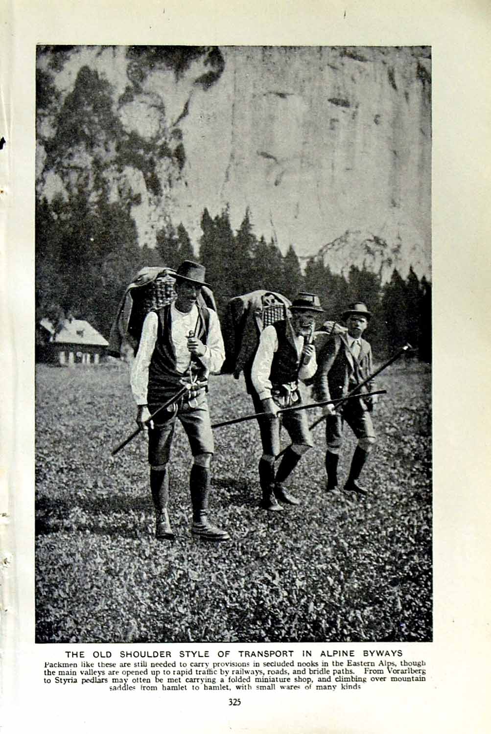 Old Vintage Print C1920 Packmen Shoulder Transport Alpine Byways Austria 20th