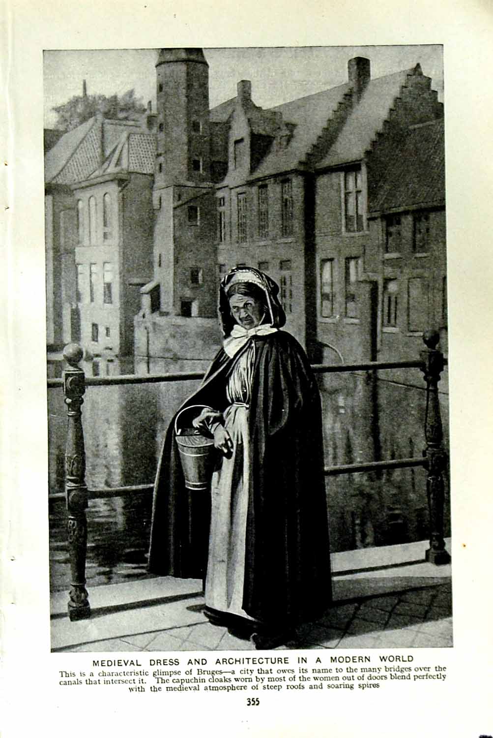 Old Vintage Print C1920 Medieval Dress Bruges Architecture Capuchin Cloak 20th
