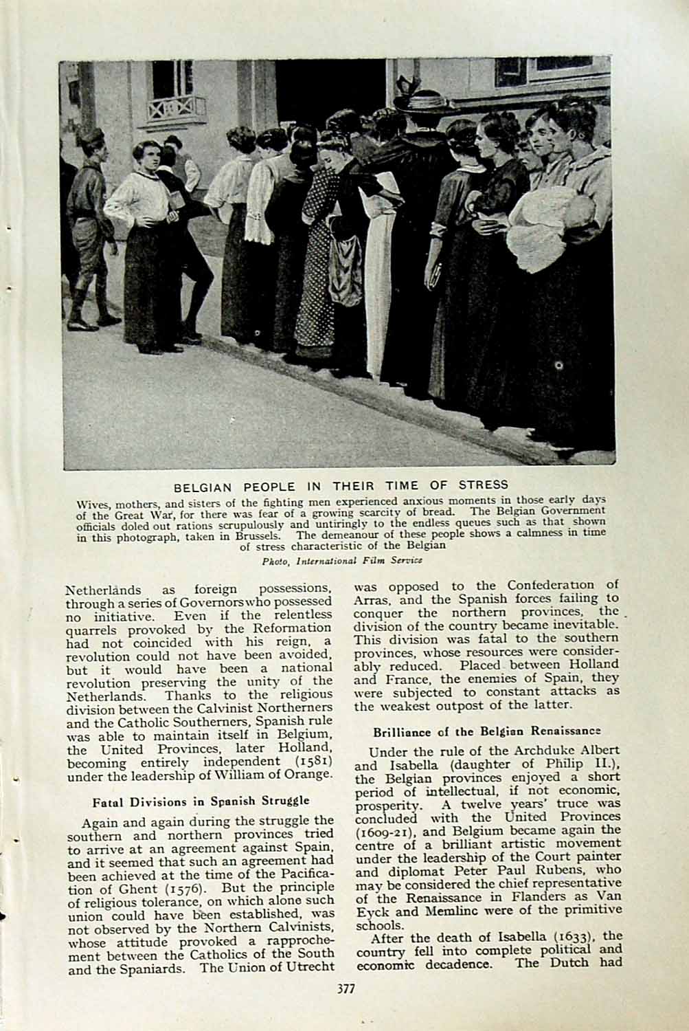 Original Old Vintage Print C1920 Belgian People Brussels Wives Mothers War Men