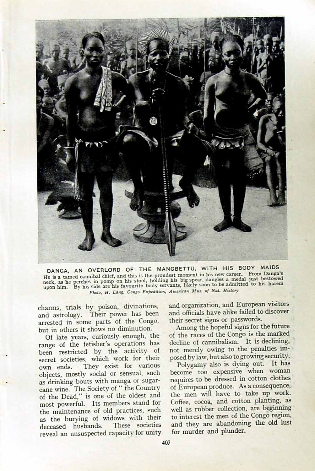 Original Old Vintage Print C1920 Danga Overlord Mangbettu Maids Cannibals Congo