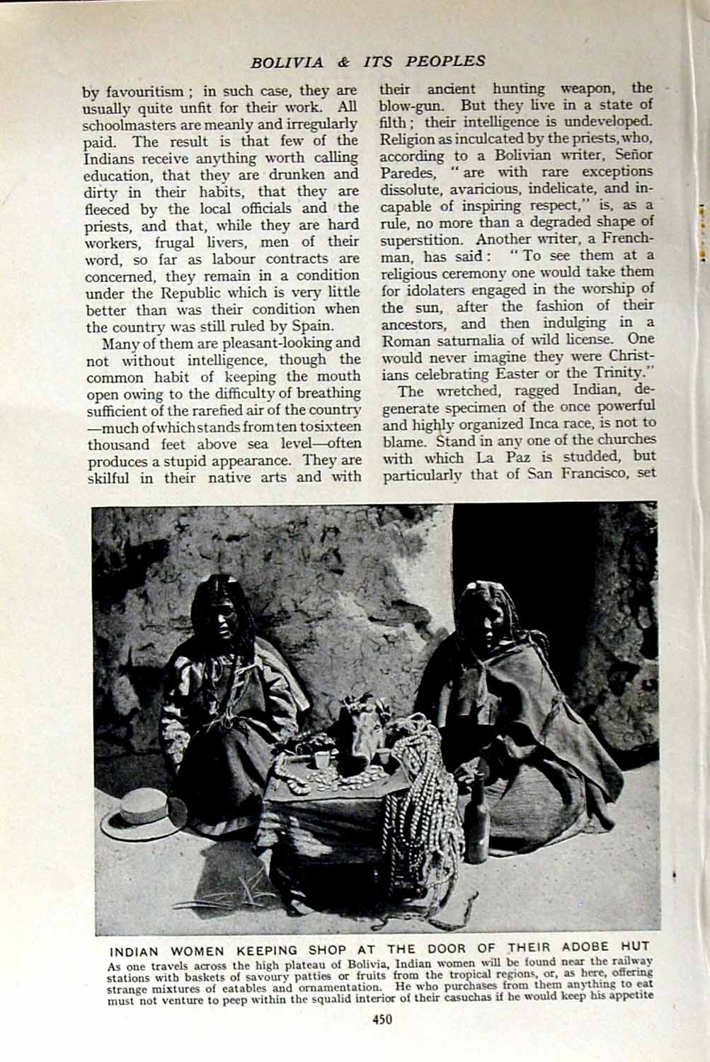 Original Old Vintage Print C1920 Indian Women Shop Door Adobe Hut Bolivia 20th