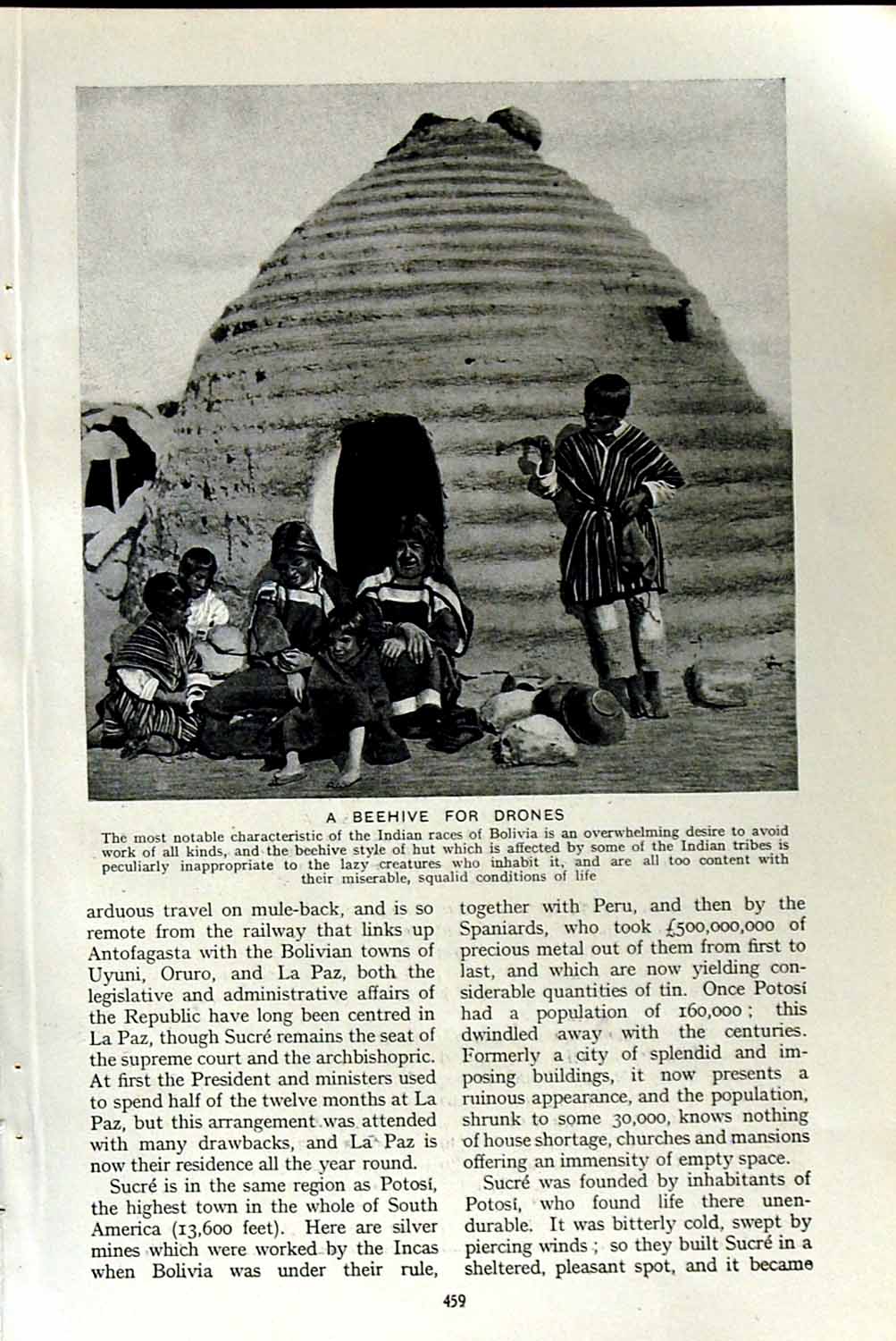 Original Old Vintage Print C1920 Beehive Drones Indian Bolivia Family Potosi