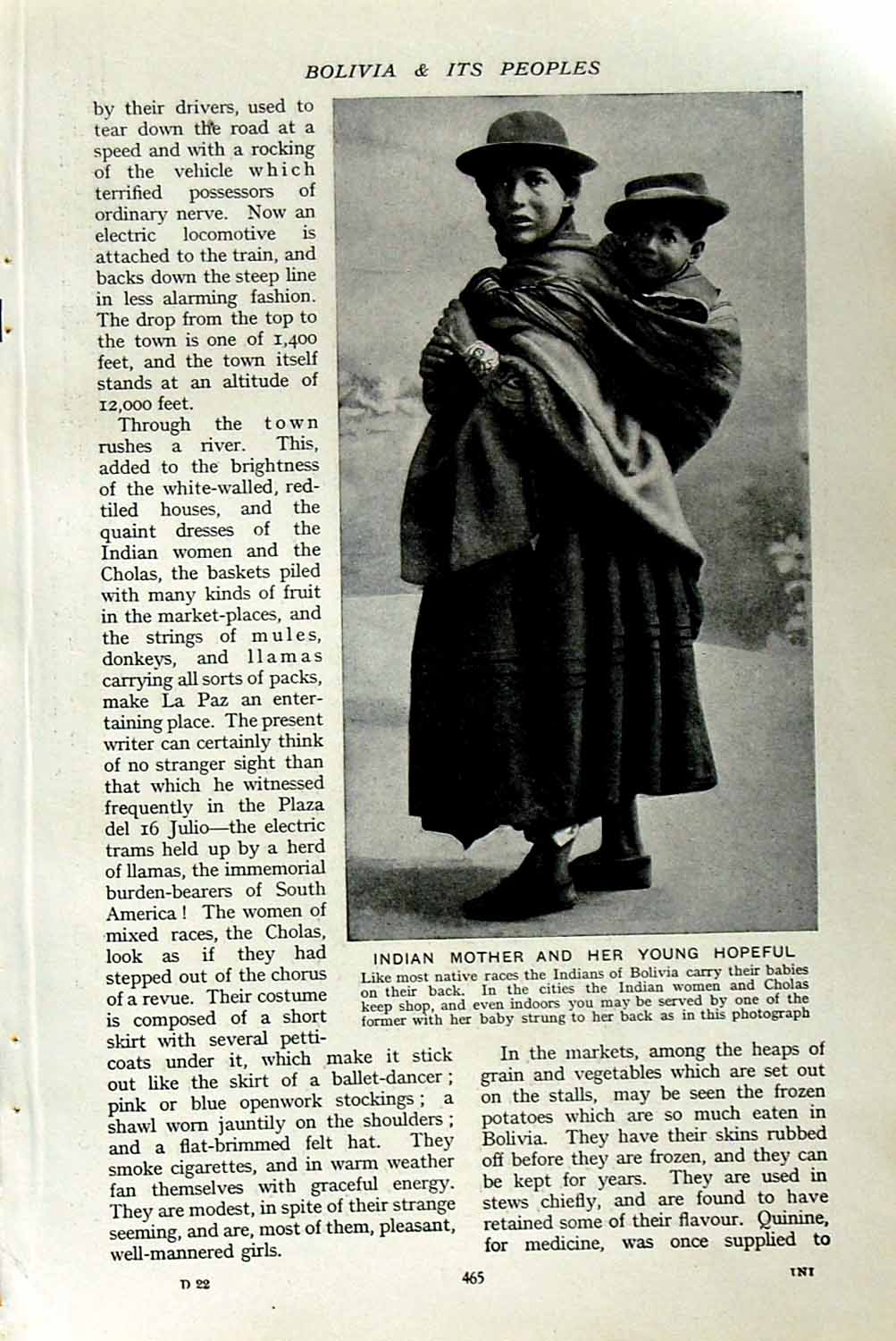 Original Old Vintage Print C1920 Indian Mother Bolivia Baby Bull Fight Illimani