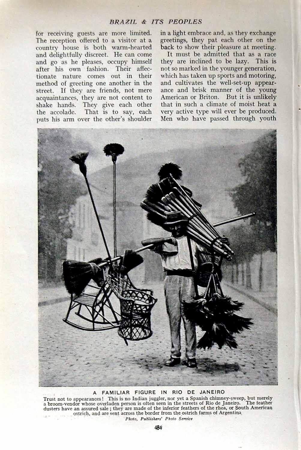 Original Old Vintage Print C1920 Rio De Janeiro Broom Vendor Man Brazil America