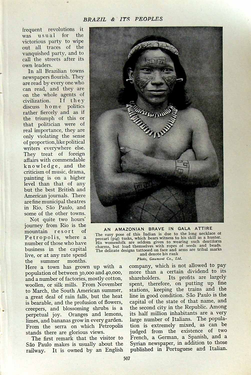 Old Vintage Print C1920 Amazonian Gala Attire Peccari Tukano Indian Cigar 20th