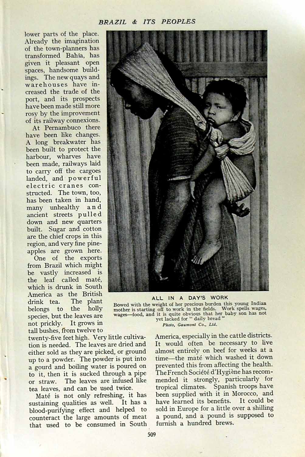 Original Old Vintage Print C1920 Young Indian Mother Baby Brazil Working People