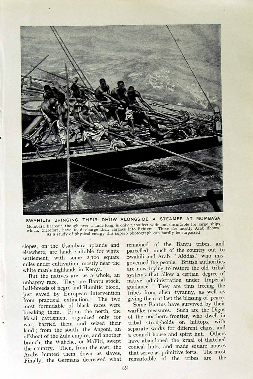 Original Old Vintage Print C1920 Swahilis Boat Mombasa Human Pelican Africa