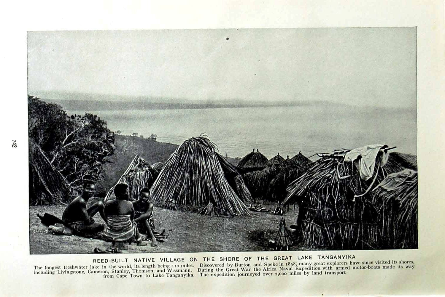 Old Vintage Print C1920 Reed-Built Village Great Lake Tanganyika Africa 20th