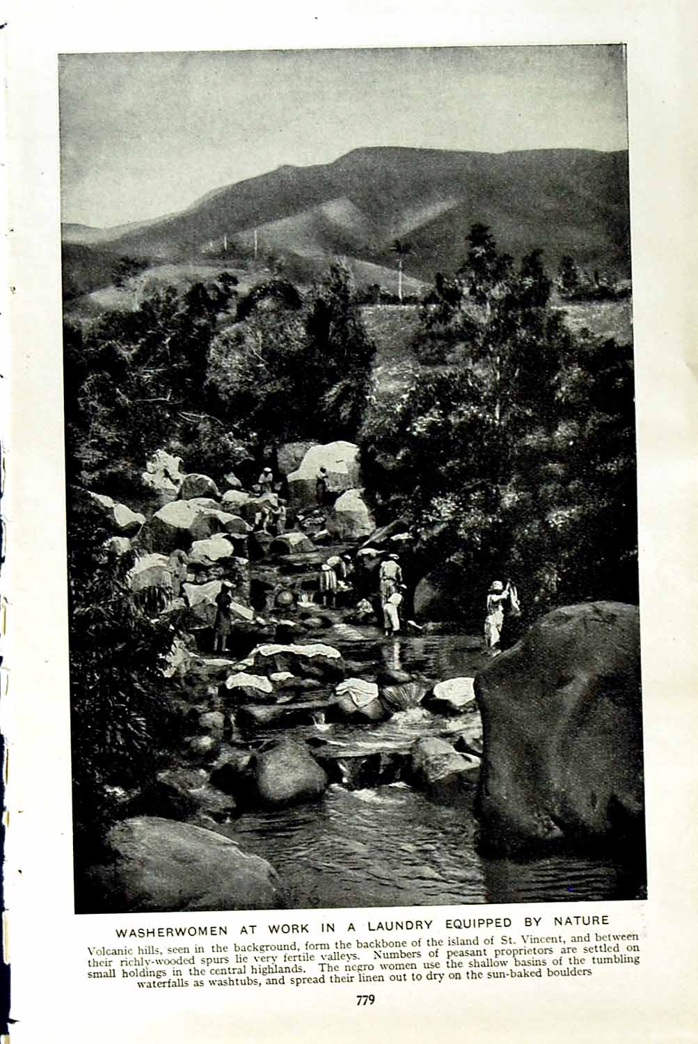 Old Vintage Print C1920 Washerwomen River Vincent Lucia Colombus Castries 20th