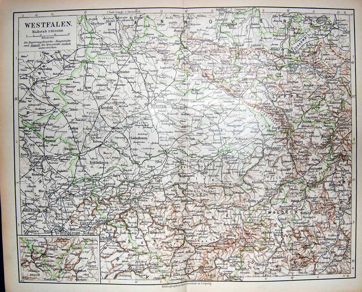Old Antique Print Meyers German Atlas 1900 Map Westfalen Dusseldorf Wesel 20th