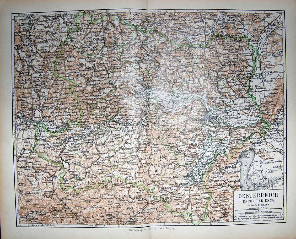 Original Old Antique Print Meyers German Atlas 1900 Map Wien Oesterreich Colour