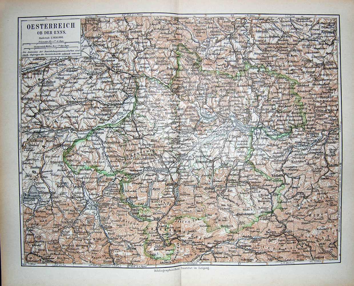 Original Old Antique Print Meyers German Atlas 1900 Map Oesterreich Linz Passau