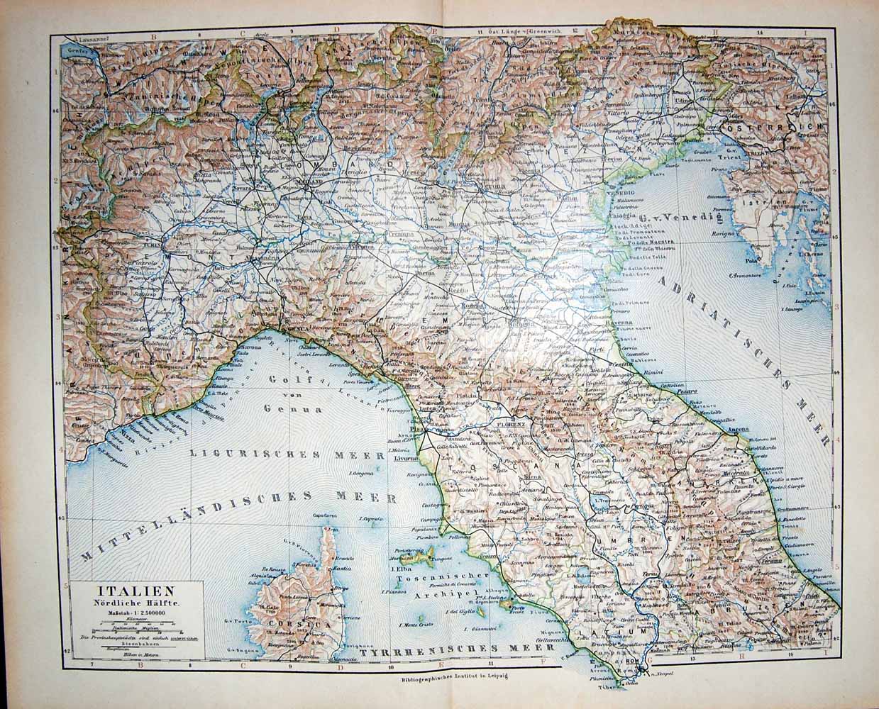Old Antique Print Meyers German Atlas 1900 Map Italy Italien Corsica Elba 20th