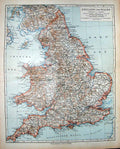 Original Old Antique Print Meyers German Atlas 1900 Map England Wales Isle Man