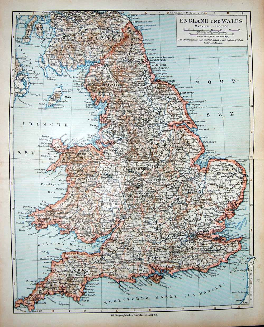 Original Old Antique Print Meyers German Atlas 1900 Map England Wales Isle Man