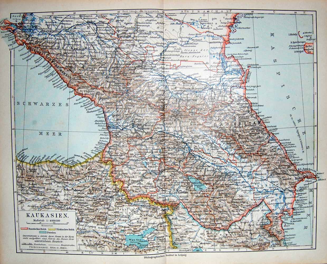 Original Old Antique Print Meyers German Atlas 1900 Map Kaukasien Raku Stawrpol