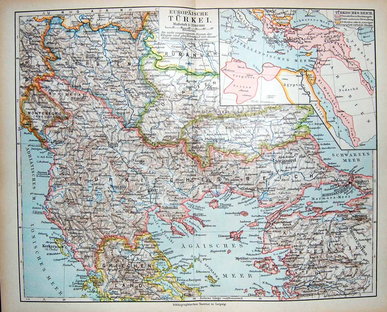 Original Old Antique Print Meyers German Atlas 1900 Map Turkey Turkisches Reich