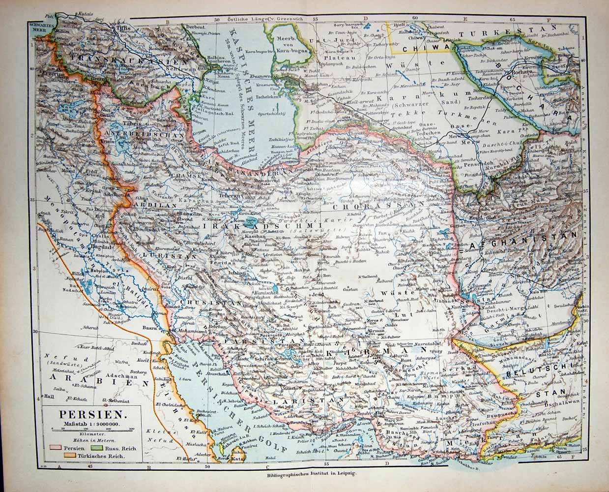 Original Old Antique Print Meyers German Atlas 1900 Map Persien Bochara Kirman