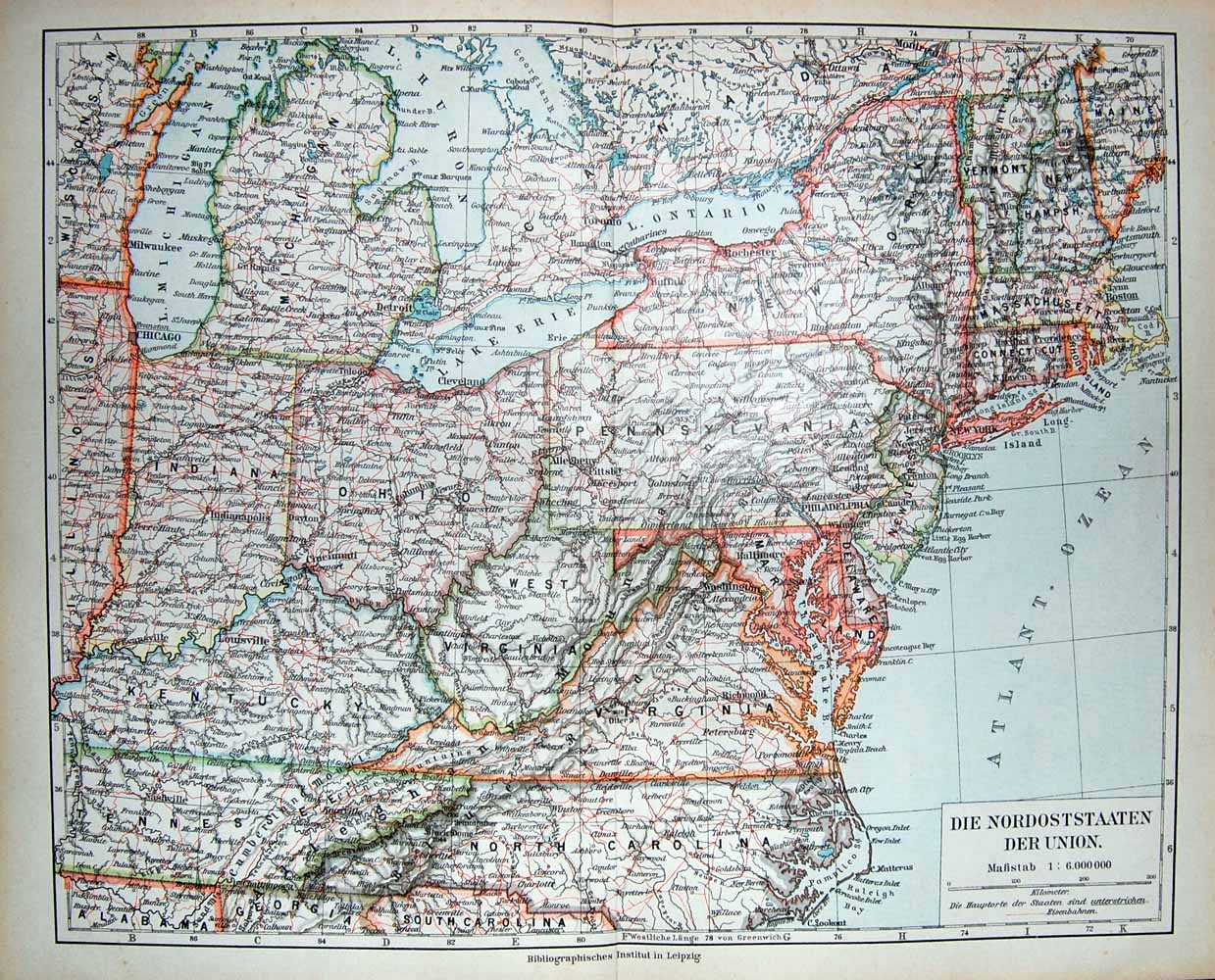 Original Old Antique Print Meyers German Atlas 1900 Map Nordoststaaten America